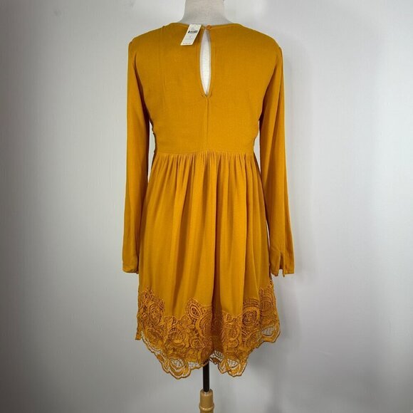 NWT Anthropologie Maeve Mustard Yellow Lace Detail Long Sleeve Dress - Picture 8 of 13